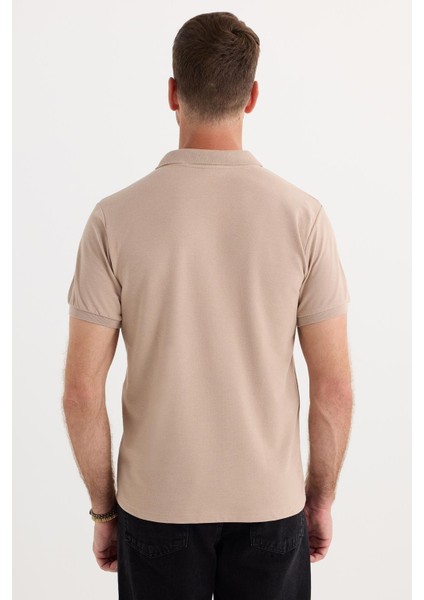 Erkek Slim Fit Dar Kesim Pamuklu Yumuşak Dokulu Serin Tutan Kumaş Düz Pike Bej Polo Yaka Tişört