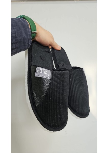 Unisex Ev Terliği Kaymaz Tabanlı Ribana Kumaş Konforlu Model Şık ve Konforlu Ev Içi Terlik Yarı Deri