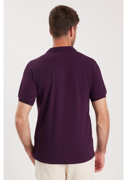 Erkek Slim Fit Dar Kesim Pamuklu Yumuşak Dokulu Serin Tutan Kumaş Düz Pike Mürdüm Polo Yaka Tişört