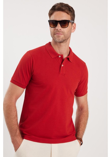 Erkek Slim Fit Dar Kesim Pamuklu Yumuşak Dokulu Serin Tutan Kumaş Düz Pike Bordo Polo Yaka Tişört