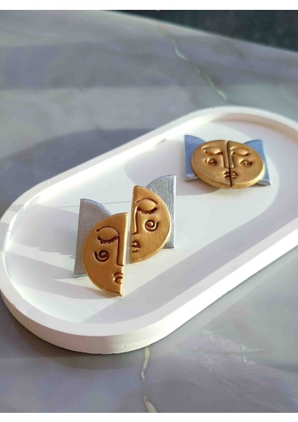 Abstract Face Gold & Silver El Yapımı Özel Tasarım Yüz Küpe - Sanatsal ve Şık