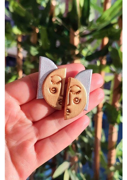 Abstract Face Gold & Silver El Yapımı Özel Tasarım Yüz Küpe - Sanatsal ve Şık modelleri
