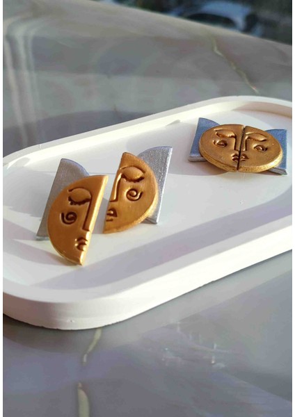 Abstract Face Gold & Silver El Yapımı Özel Tasarım Yüz Küpe - Sanatsal ve Şık fırsatları