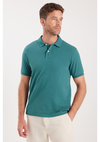 Erkek Slim Fit Dar Kesim Pamuklu Yumuşak Dokulu Serin Tutan Kumaş Düz Pike Yeşil Polo Yaka Tişört
