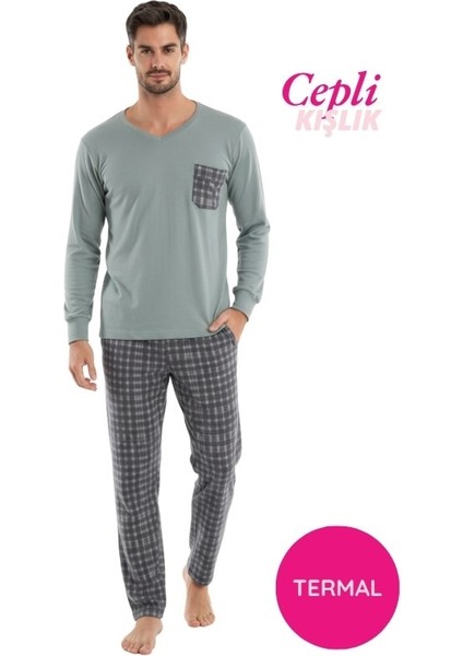 Erkek V Yaka Düğmesiz Göğüs Cepli Yumuşak Termal Bilek Manşetli Kışlık Uzun Kol Cepli Pijama Takımı