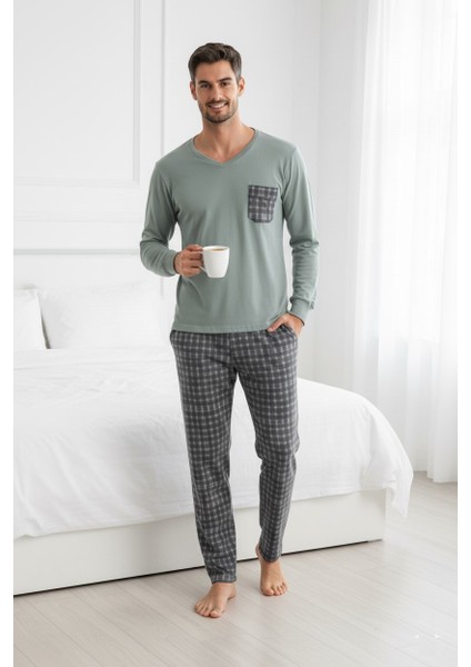 Erkek V Yaka Düğmesiz Göğüs Cepli Yumuşak Termal Bilek Manşetli Kışlık Uzun Kol Cepli Pijama Takımı modelleri