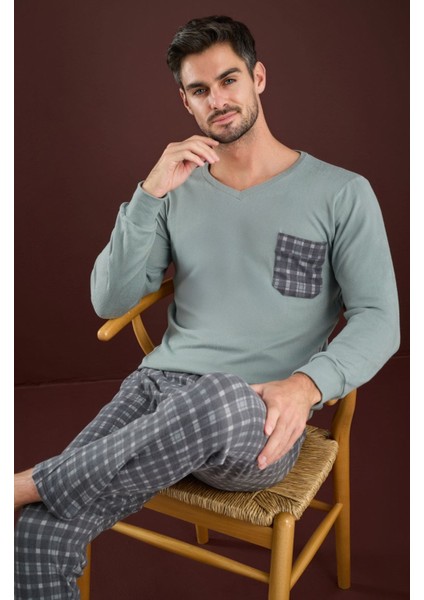 Erkek V Yaka Düğmesiz Göğüs Cepli Yumuşak Termal Bilek Manşetli Kışlık Uzun Kol Cepli Pijama Takımı fırsatları