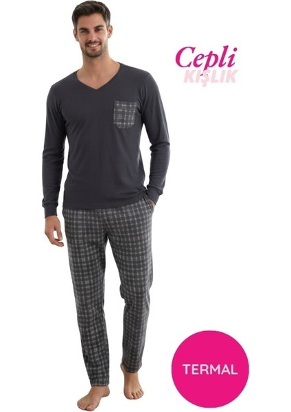 Erkek V Yaka Düğmesiz Göğüs Cepli Yumuşak Termal Bilek Manşetli Kışlık Uzun Kol Cepli Pijama Takımı