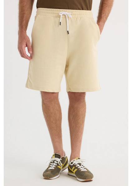 Erkek Relax Fit Rahat Kesim %100 Pamuk Beli Bağcıklı Bej Şort