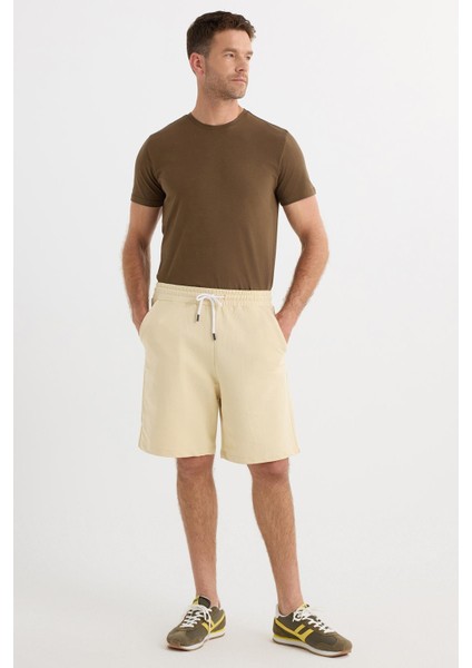 Erkek Relax Fit Rahat Kesim %100 Pamuk Beli Bağcıklı Bej Şort indirimleri