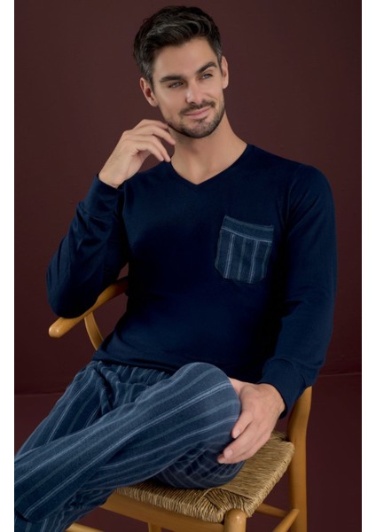Erkek V Yaka Düğmesiz Göğüs Cepli Yumuşak Termal Bilek Manşetli Kışlık Uzun Kol Cepli Pijama Takımı indirimleri