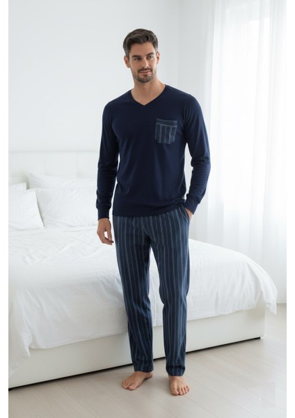 Erkek V Yaka Düğmesiz Göğüs Cepli Yumuşak Termal Bilek Manşetli Kışlık Uzun Kol Cepli Pijama Takımı