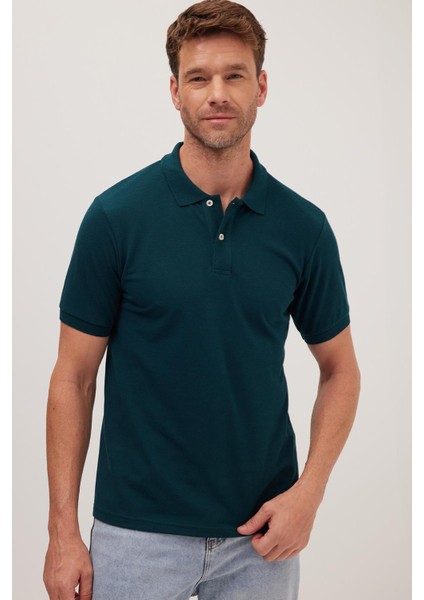 Erkek Slim Fit Dar Kesim Pamuklu Yumuşak Dokulu Serin Tutan Kumaş Düz Pike Yeşil Polo Yaka Tişört