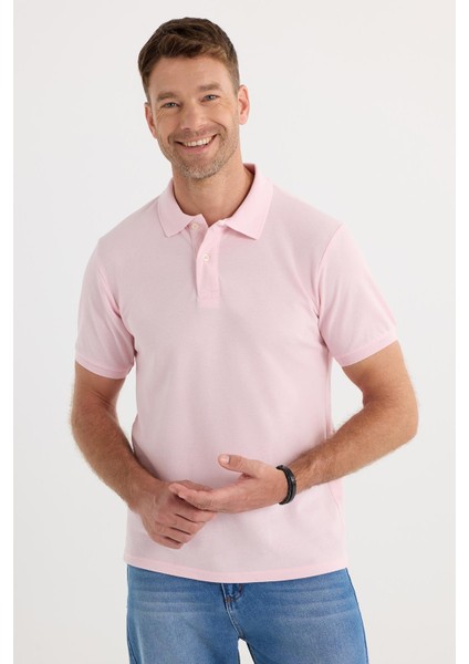 Erkek Slim Fit Dar Kesim Pamuklu Yumuşak Dokulu Serin Tutan Kumaş Düz Pike Pembe Polo Yaka Tişört