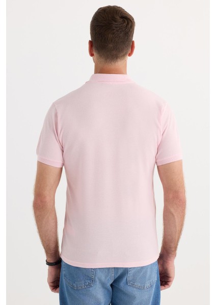 Erkek Slim Fit Dar Kesim Pamuklu Yumuşak Dokulu Serin Tutan Kumaş Düz Pike Pembe Polo Yaka Tişört