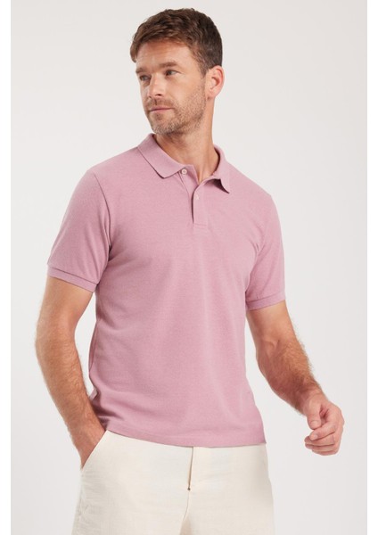Erkek Slim Fit Dar Kesim Pamuklu Yumuşak Dokulu Serin Tutan Kumaş Düz Pike Lila Polo Yaka Tişört