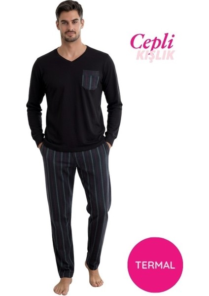 Erkek V Yaka Düğmesiz Göğüs Cepli Yumuşak Termal Bilek Manşetli Kışlık Uzun Kol Cepli Pijama Takımı