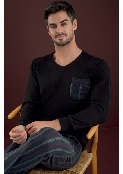 Erkek V Yaka Düğmesiz Göğüs Cepli Yumuşak Termal Bilek Manşetli Kışlık Uzun Kol Cepli Pijama Takımı modelleri