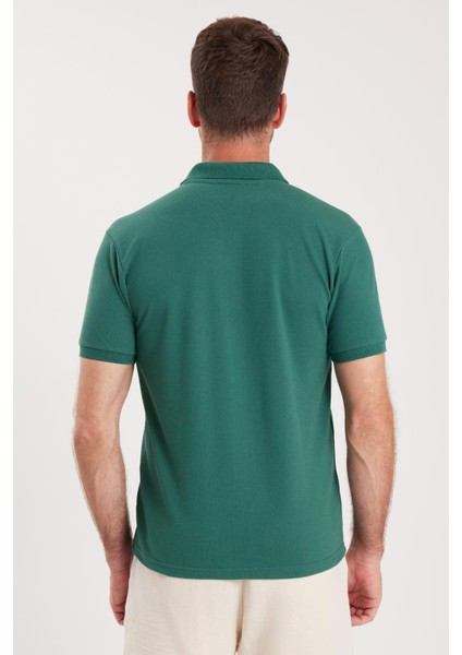 Erkek Slim Fit Dar Kesim Pamuklu Yumuşak Dokulu Serin Tutan Kumaş Düz Pike Yeşil Polo Yaka Tişört