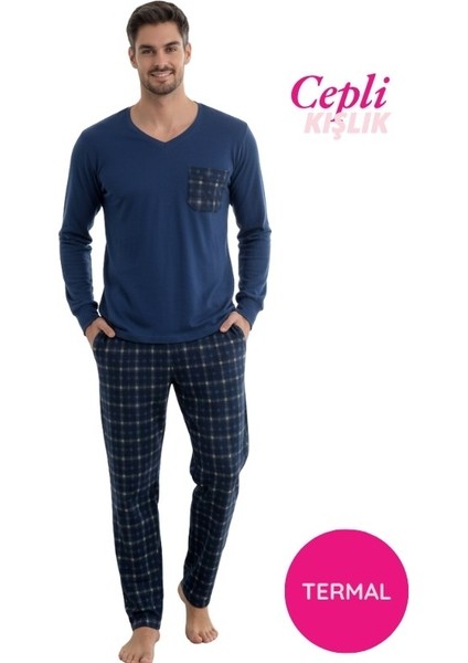 Erkek V Yaka Düğmesiz Göğüs Cepli Yumuşak Termal Bilek Manşetli Kışlık Uzun Kol Cepli Pijama Takımı