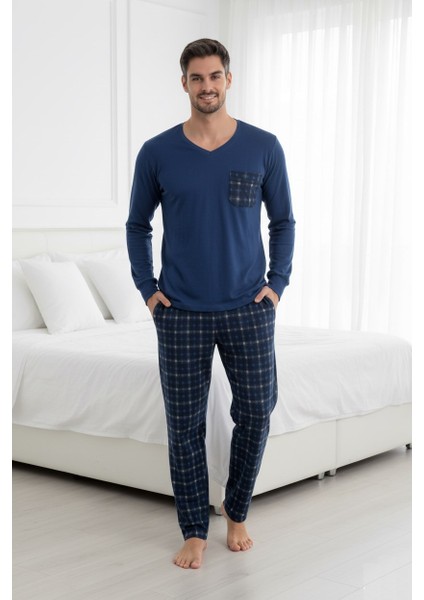 Erkek V Yaka Düğmesiz Göğüs Cepli Yumuşak Termal Bilek Manşetli Kışlık Uzun Kol Cepli Pijama Takımı indirimleri