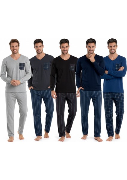 Erkek V Yaka Düğmesiz Göğüs Cepli Yumuşak Termal Bilek Manşetli Kışlık Uzun Kol Cepli Pijama Takımı