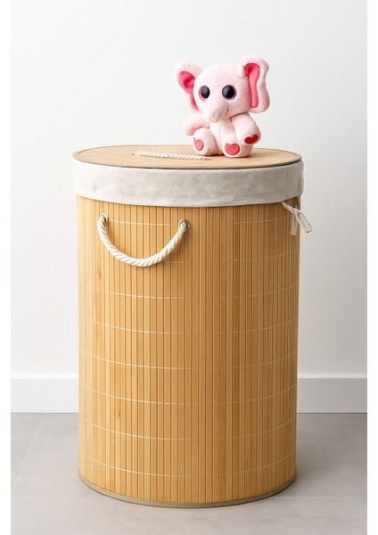 Orjinal Bambu Portatif Taşınabilir Çamaşır Kirli Sepeti Yuvarlak 50X35 cm