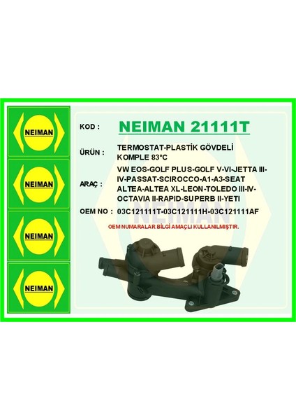 TERMOSTAT-PLASTİK GÖVDELİ KOMPLE 83 C VW EOS-GOLF PLUS-GOLF 5-6-JETTA 3-4-PASSAT-SCIROCCO-A1-A 03C121111T 03C121111H 03C121111AF