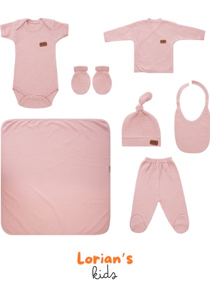 Yeni Doğan Petek Dokulu 7'li Battaniyeli Zıbın Takımı %100 Pamuklu Hastane Çıkışı - Pembe