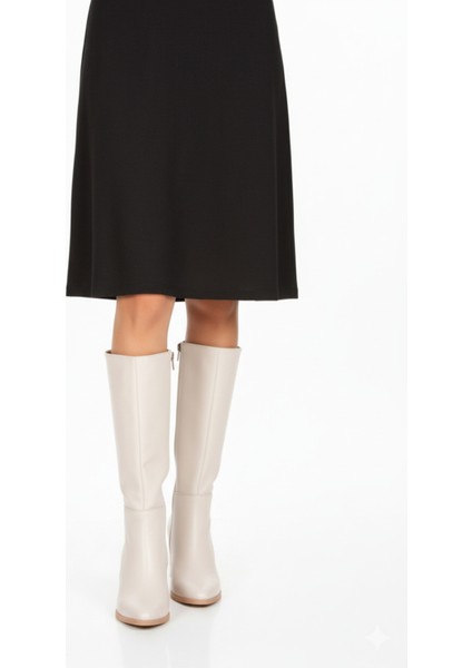 Kadın Krem Deri Görünümlü Topuklu Fermuarlı Uzun Çizme 7 cm Topuklu Şık Tasarım fırsatları
