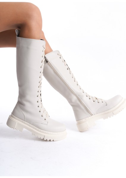 Alçak Topuklu Fermuarlı Diz Altı Sade Bağcıklı Krem Kadın Çizme fiyatları