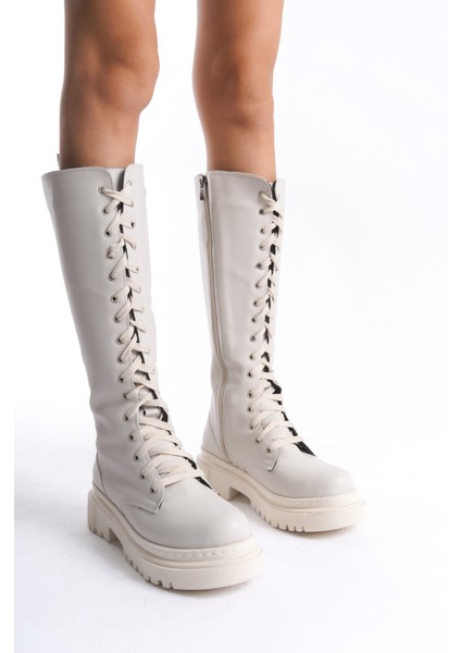 Alçak Topuklu Fermuarlı Diz Altı Sade Bağcıklı Krem Kadın Çizme modelleri