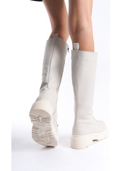 Alçak Topuklu Fermuarlı Diz Altı Sade Bağcıklı Krem Kadın Çizme fırsatları