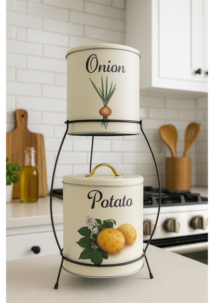 2 Katlı Kulplu Patates Soğanlık Metal Patates Soğan Kovası Sebzelik Sepeti Krem