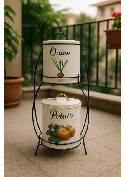 2 Katlı Kulplu Patates Soğanlık Metal Patates Soğan Kovası Sebzelik Sepeti Krem modelleri