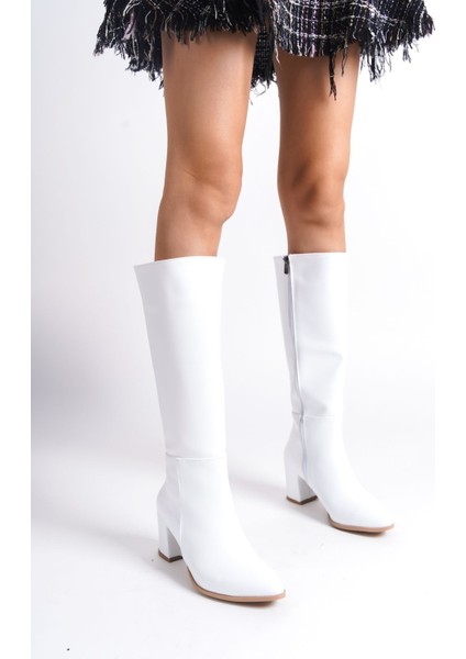 Kadın Beyaz Yüksek Topuklu Uzun Çizme Kahverengi Tabanlı Suni Deri Konforlu Kullanım fiyatları