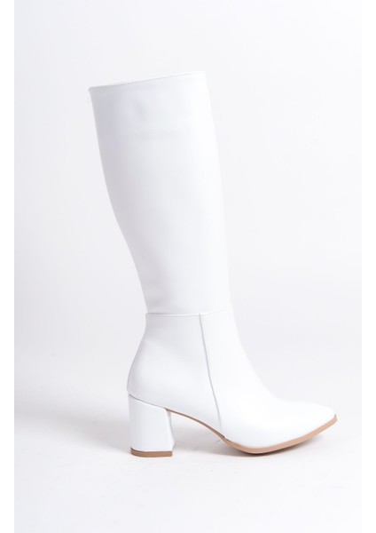 Kadın Beyaz Yüksek Topuklu Uzun Çizme Kahverengi Tabanlı Suni Deri Konforlu Kullanım fırsatları