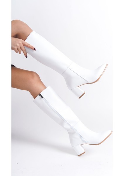 Kadın Beyaz Yüksek Topuklu Uzun Çizme Kahverengi Tabanlı Suni Deri Konforlu Kullanım indirimleri