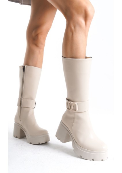 Yandan Fermuarlı V Logo Detaylı Yüksek Rahat Topuklu Kadın Krem Kısa Çizme fiyatları