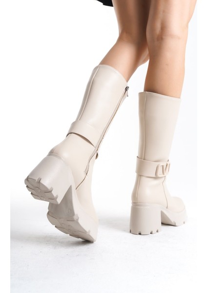 Yandan Fermuarlı V Logo Detaylı Yüksek Rahat Topuklu Kadın Krem Kısa Çizme fırsatları