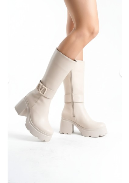 Yandan Fermuarlı V Logo Detaylı Yüksek Rahat Topuklu Kadın Krem Kısa Çizme indirimleri