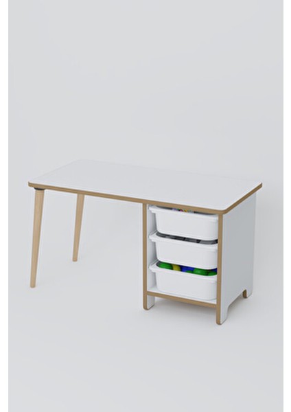 Çocuk Aktivite Masası 2 Panda Sandalyeli Parlak Beyaz MDF Tasarım 3 Çekmeceli