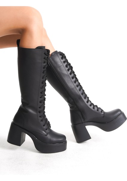 Kalın Yüksek Topuklu Fermuarlı Diz Altı Sade Bağcıklı Siyah Kadın Çizme fiyatları