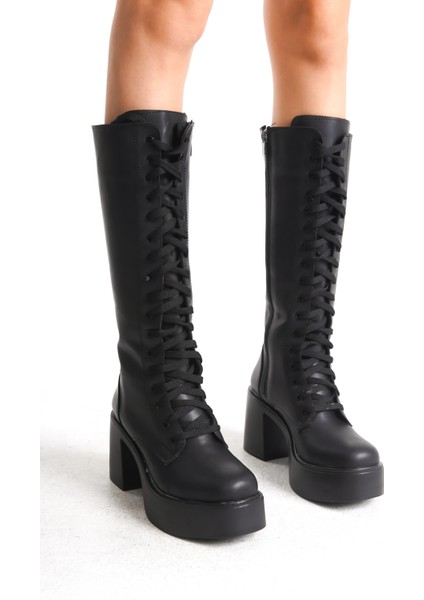 Kalın Yüksek Topuklu Fermuarlı Diz Altı Sade Bağcıklı Siyah Kadın Çizme modelleri