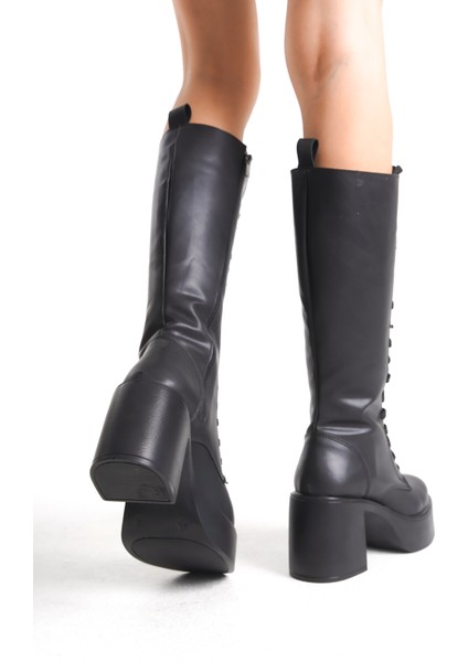 Kalın Yüksek Topuklu Fermuarlı Diz Altı Sade Bağcıklı Siyah Kadın Çizme fırsatları