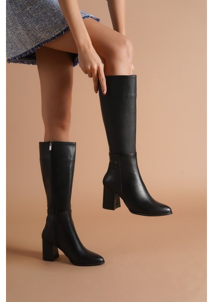 Kadın Siyah Topuklu Deri Görünümlü Fermuarlı Uzun Çizme indirimleri