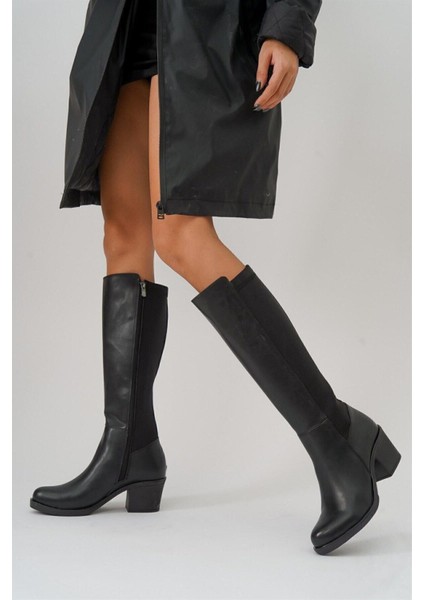 Kadın Siyah Deri Görünümlü Uzun Fermuarlı Çizme 6 cm Topuk ile Şık ve Rahat Kullanım fiyatları