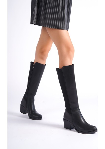 Kadın Siyah Deri Görünümlü Uzun Fermuarlı Çizme 6 cm Topuk ile Şık ve Rahat Kullanım indirimleri