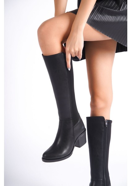Kadın Siyah Deri Görünümlü Uzun Fermuarlı Çizme 6 cm Topuk ile Şık ve Rahat Kullanım