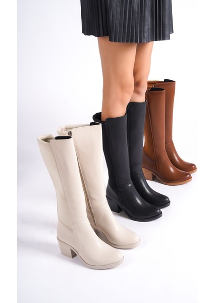 Kadın Deri Görünümlü Fermuarlı Siyah Uzun Çizme